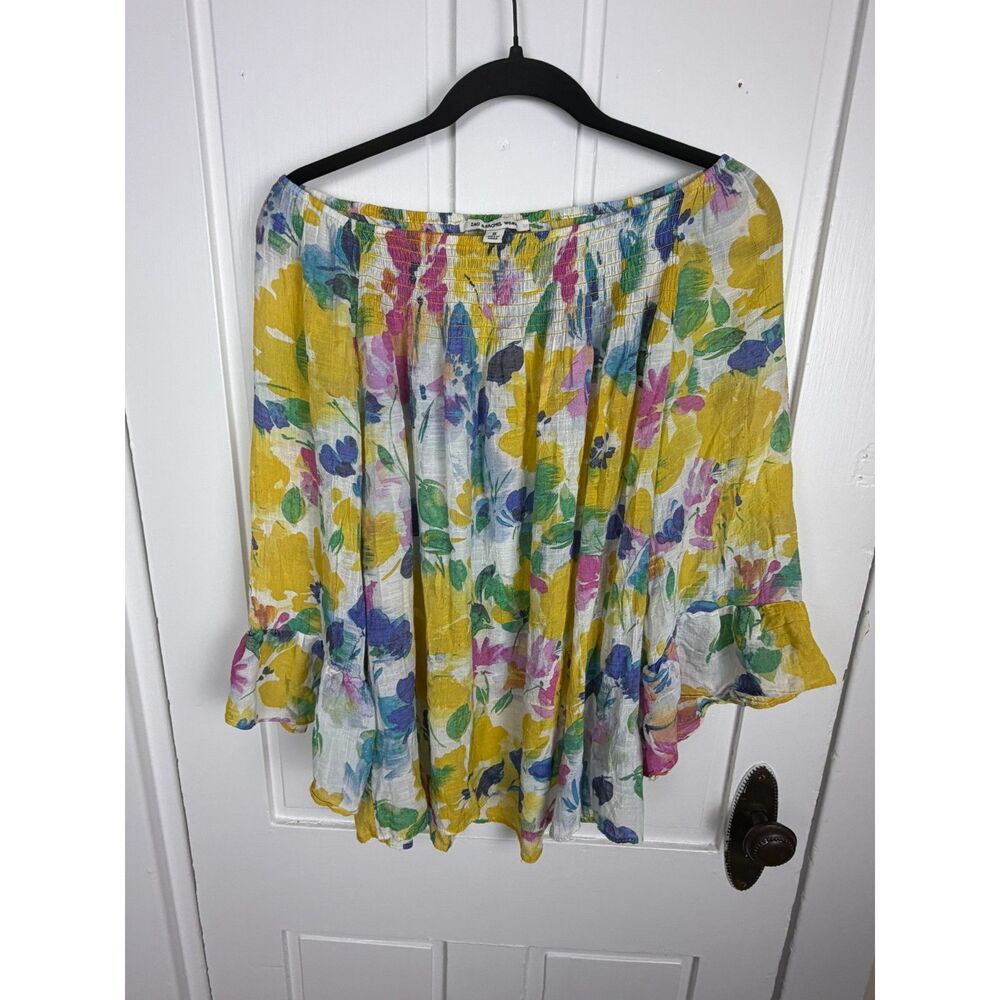 Zac & Rachel Woman Floral Blouse 1X Plus Size Smocked Bell Sleeve Boho